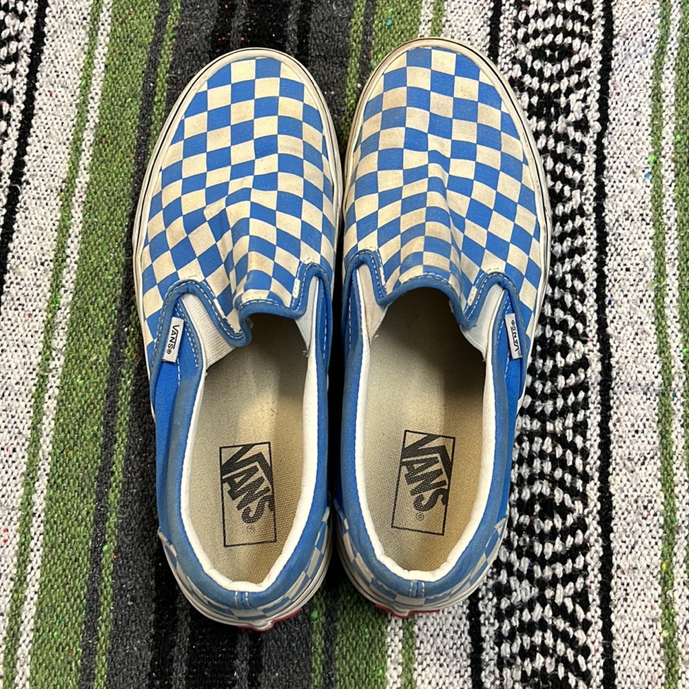 Vans blue checkered slip ons
